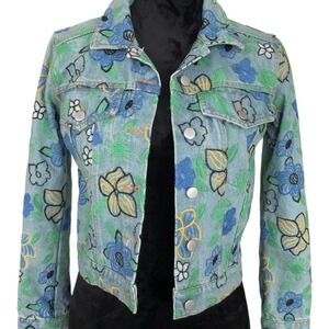 Urban Outfitters Embroidered Floral Cropped Denim Y2K Hipster Denim Jacket Sz XS